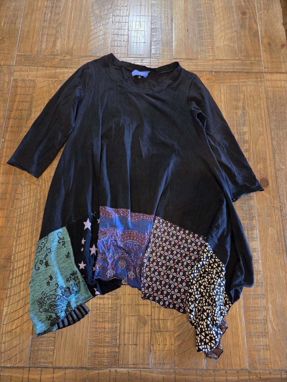 Christy Fisher black patchwork boho tunic top vibrant asymmetrical hem